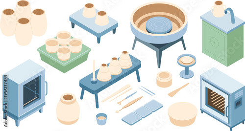 Isometric pottery tools and equipment set, ceramic workshop wheel kiln vases crafting studio elements vector illustration collection design