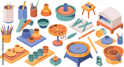 Isometric pottery tools set, ceramic workshop wheel kiln brushes vases crafting studio equipment vector illustration collection design elements
