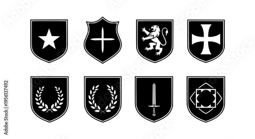 Shield emblems with star, cross, lion, sword, and laurel wreaths, representing heraldry and historical symbols.