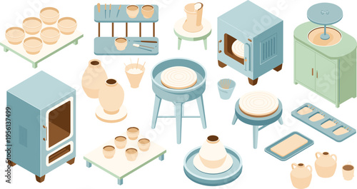 Isometric pottery workshop set, ceramic tools wheel kiln shelves vases crafting equipment studio elements vector illustration collection design