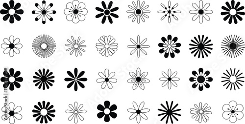 A Diverse Collection of Thirty Stylized Black and White Flower Icons for Design Projects