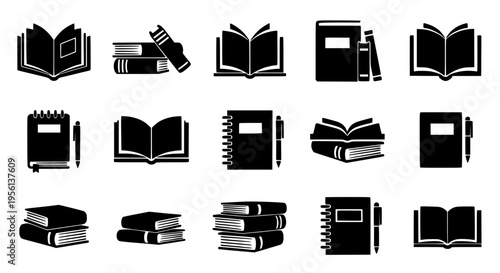 Collection of open and closed books and notebooks with pens, presented in a black and white icon set, 20260320.