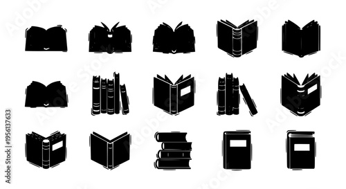 Books set with various open and closed views in black graphic style. featuring book, literature, reading with education and library elements for