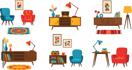 Mid Century Modern Furniture Interior Vector Set Featuring Retro Armchairs Cabinets Lamps Tables Colorful Decor Elements Flat Design Illustration Collection for Stylish Home Living