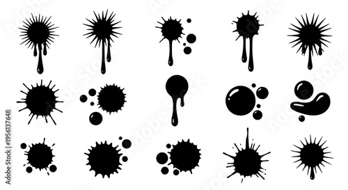 Ink splatters and drips black graphic elements, set of varied shapes and sizes creating a dynamic and abstract visual effect.