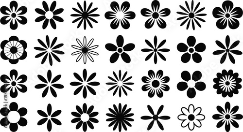 A versatile collection of thirty distinct black and white flower icons, ideal for graphic design, decorative patterns, botanical themes, and web elements