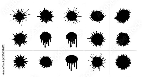 Ink splatters and drips brush strokes set with abstract spiky and rounded shapes for graphic design.