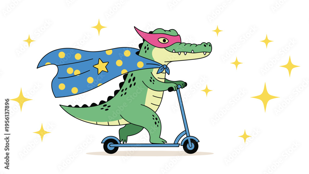Obraz premium Whimsical illustration of a green crocodile wearing a blue superhero cape and pink mask while riding a blue kick scooter among stars.