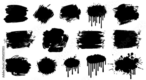 Black ink splash and brush stroke shapes with dripping and splattered effects, isolated on white background for design.
