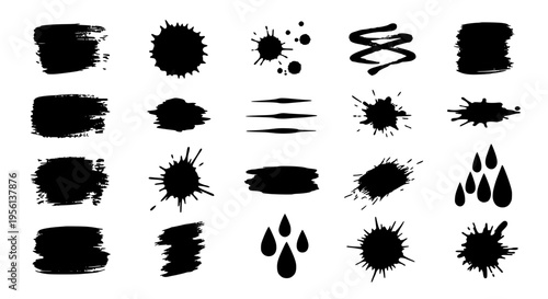 Ink splatters and brush strokes with irregular edges, perfect for artistic design elements and grunge effects.