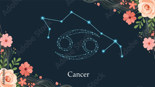 Beautiful astrological illustration of the Cancer zodiac sign with its constellation and delicate pink flowers on a dark blue starry background.