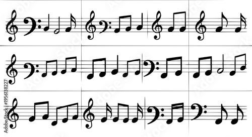 Musical notes and clefs on a staff, representing a sheet music composition with varied rhythmic patterns and symbols.