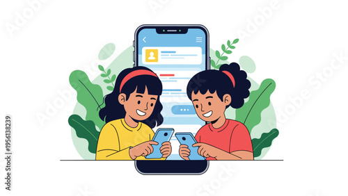 Two young girls using mobile phones in front of a giant smartphone screen with social media interface and green leaves in the background.