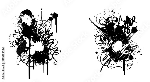 Splatter ink designs with chaotic scribbles and drips, creating a distressed artistic effect, isolated on white.