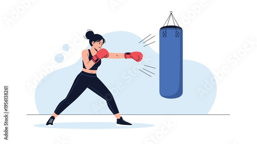Young woman in sports wear training with a blue punching bag, showing strength and determination in a fitness boxing workout illustration.