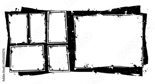 Collage frame with distressed grunge edges and multiple blank photo placeholders arranged irregularly for a dynamic layout.