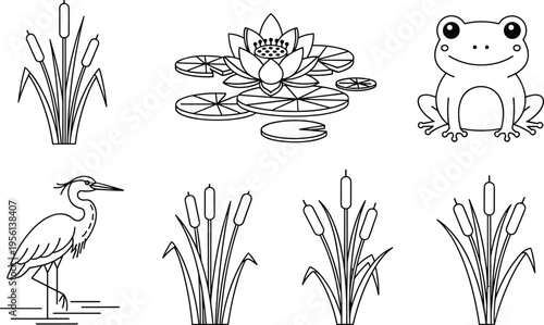 Wetland silhouettes, cattails, water lily, frog, heron, nature illustration, ecosystem icons, wildlife art, flora fauna, conservation, biodiversity, aquatic plants, habitat