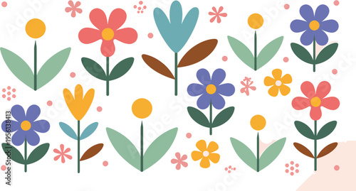 Vibrant minimalist illustration of cheerful spring flowers in a flat-design style, featuring colorful blossoms with simple stems and leaves for decorative patterns