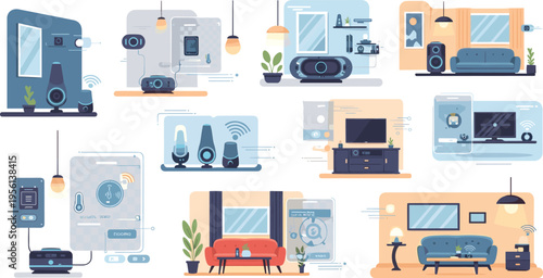 Smart Home Technology Interior Vector Set Featuring IoT Devices Wireless Control Systems Modern Living Room Setup with Speakers Sensors Automation Flat Illustration Collection