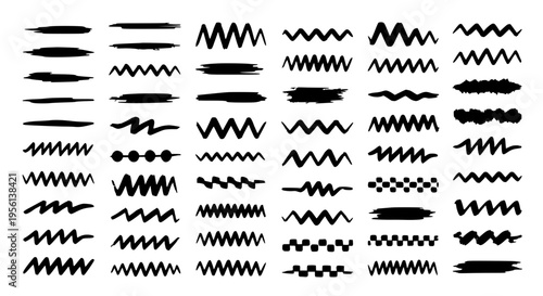 Brush stroke and zigzag line design elements in black, offering diverse styles for graphic design and artistic projects.