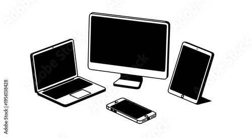 Technology devices including a laptop, desktop monitor, tablet, and smartphone rendered in a simple black and white line art style.