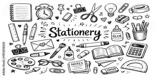 Srarionery. Back to school doodle icons set with hand drawn sketch style including pencil pen arrows and simple line symbols for education design