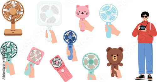 Set of portable handheld fans and small appliances, people holding mini cooling devices and toys isolated vector illustration