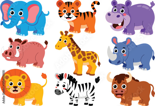 Collection of nine charming cartoon wild animals, including a lion, tiger, elephant, giraffe, zebra, rhinoceros, hippopotamus, warthog, and buffalo, presented as illustrations