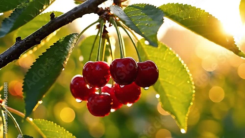 Ripe red cherries with dewdrops on branch in golden sunlight