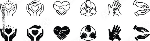 A collection of black and white hand icons with heart symbols on a white background