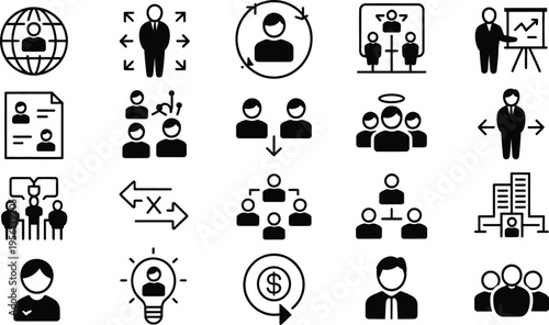 Modern black vector icon set for business, human resources, and management, depicting global networking, team collaboration, career growth, and financial operations