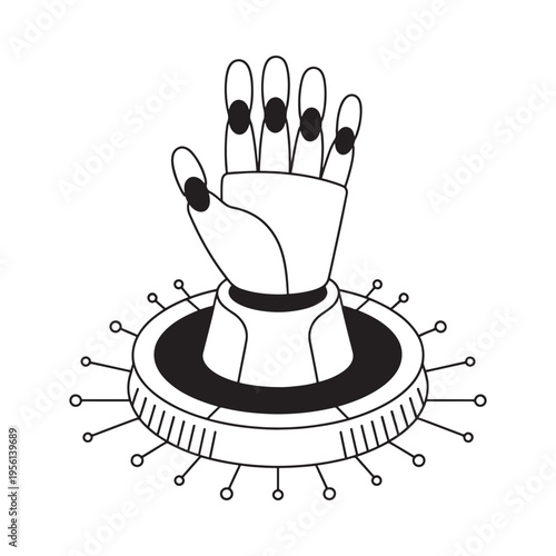 A robotic hand emerging from a circular mechanical base with sensors