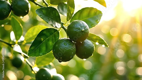 Dewy limes on tree branch with golden sunlight and bokeh