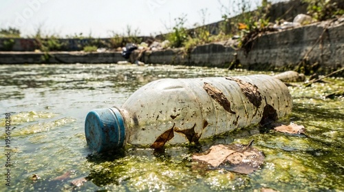 Plastic bottle floating in polluted water with algae and debris  