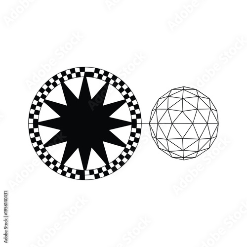 Geometric shapes a checkered starburst sphere and a geodesic dome