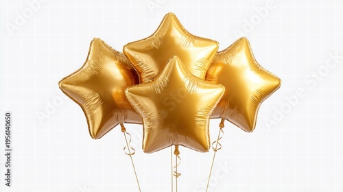 Golden star-shaped balloons floating against a clean white background.