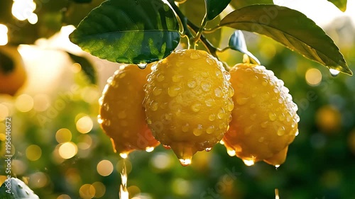 Fresh lemons with water droplets on tree in sunny orchard