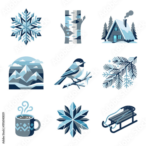 冬の風景と雪のアイコン9種セット 白背景に孤立した北欧風ミニマルイラスト 季節のデザインやグリーティングカードに最適な洗練された素材