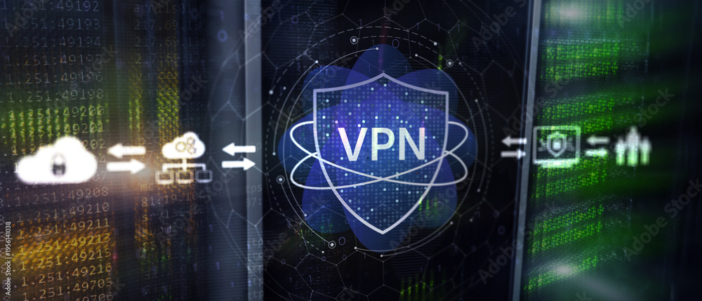 Fototapeta premium VPN Cybersecurity Network Protection Concept with Digital Shield Interface and Server Infrastructure Background