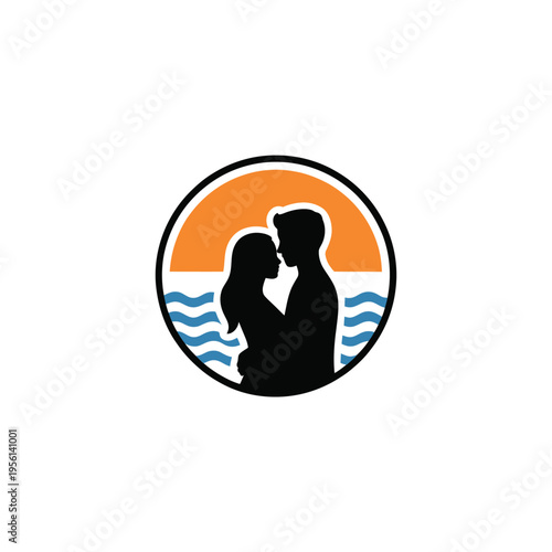 Couple embracing silhouetted against a sunset over ocean waves
