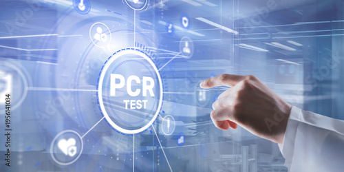 Schilderij op canvas Professional medical background with PCR TEST text and molecular diagnostics sym