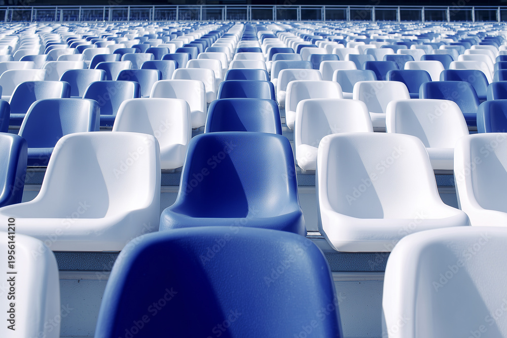 Naklejka premium High Angle View of Repeating Blue and White Stadium Seats Creating Geometric Pattern