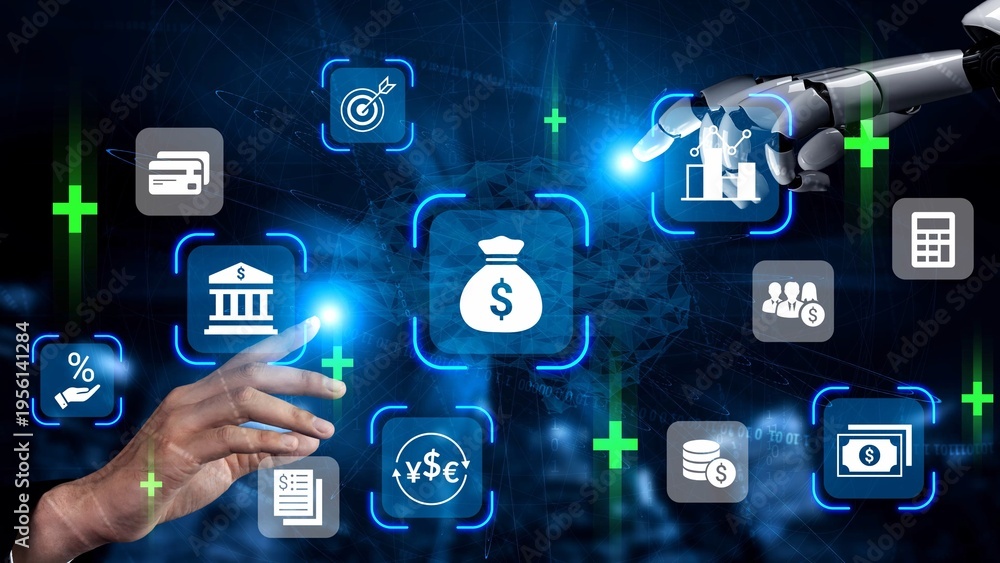 Obraz premium Futuristic Integration of Technology and Finance with Human Touch Featuring Robotic Elements and Digital Banking Concepts in Modern Business Environment Gluon.
