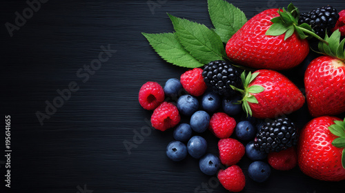 An overhead shot displays a vibrant assortment of fresh strawberries, raspberries, blueberries, and blackberries artfully arranged against a dark wooden surface.