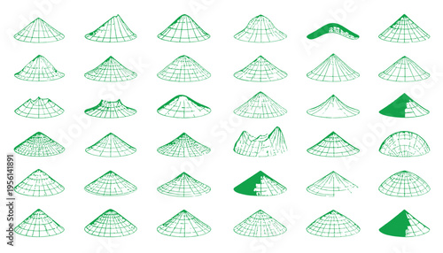 Asian Conical Hats Arrayed: An artistic assortment of traditional Asian conical hats in various perspectives, with a touch of abstract design, illustrating cultural heritage.