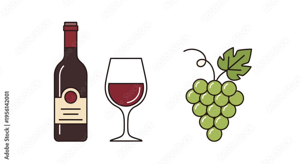 Fototapeta premium Cartoon wine bottle, a glass of red wine, and a ripe bunch of green grapes. National Wine Day