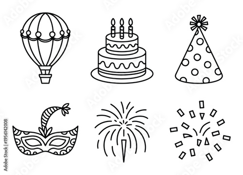 Collection of festive icons including a hot air balloon, birthday cake, party hat, masquerade mask, fireworks, and confetti, perfect for celebrations and events