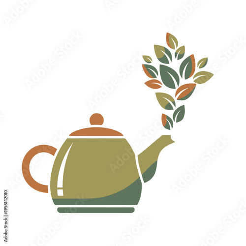 Teapot with natural leaves rising as steam for organic tea. International Tea Day