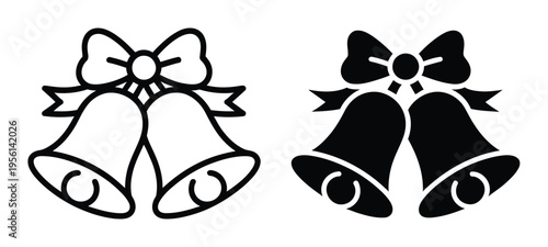 Christmas Bells with Ribbon and Bow - Festive Holiday Icons for Celebration and Decoration