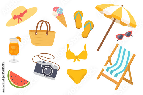 Summer flat set with beach accessories. hat, sunglasses, umbrella, swimsuit, camera, cocktail, watermelon, ice cream and deck chair. Bright seasonal travel collection isolated on white background.